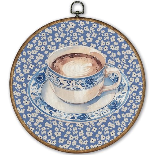 TLESKE Vintage Retro Coffee Cup Round Wall Art Decor, Blue and White Chinoiserie Framed Canvas Prints Wall Art Artwork, Grand Millenial Gifts Grandmillennial Wall Hanging Door Decor for Kitchen Coffee Bar Shop Cafe 10x10
