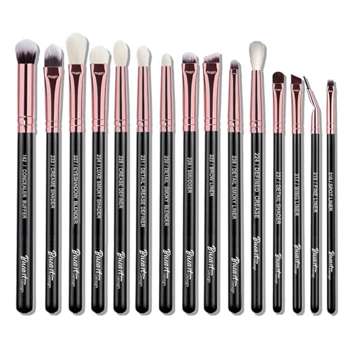 Bueart Design 15Pcs Professional grade Eye Makeup Brushes Set with Real Natural Goat Pony hair,Premium Soft Synthetic Eye shadow brush kit for Eyeshadow Concealer Crease blending Eyebrow, Eyeliner