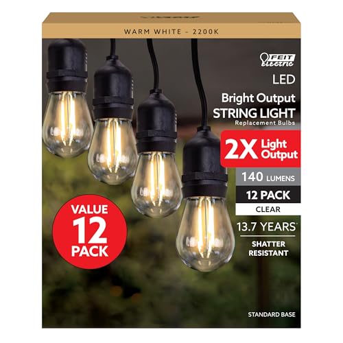 Feit Electric S14 LED Filament Light Bulbs, High Output, 2200K Warm White, 140 Lumens, String Light Replacement Bulbs, 15,000-Hour Lifespan, Clear Durable Housing, S14HO/822/FIL/12 (Pack of 1)