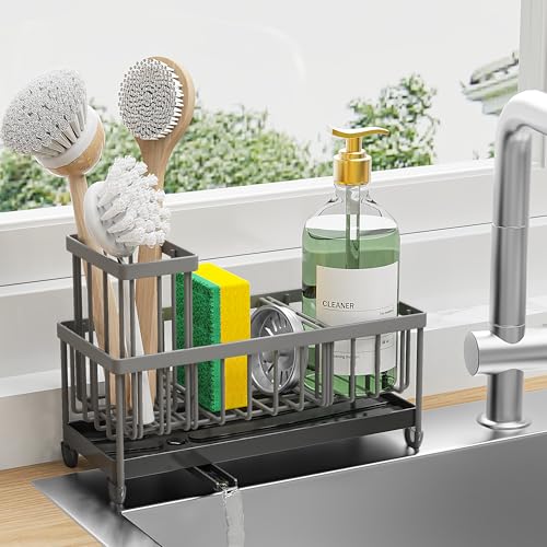 Cisily Sponge Holder for Kitchen Sink, Sink Caddy with High Brush Holder, Organzier Rustproof 304 Stainless Steel Dish Organizer Divider, Soap Dispenser Storage(Grey)