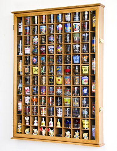 108 Shot Glass Shotglass Shooter Display Case Holder Cabinet Wall Rack 98% UV Lockable Door -Oak