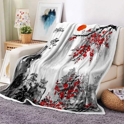 Japanese Blanket, Japanese Style Splash Ink Landscape Painting Throw Blanket, Red Cherry Blossom Japanese Fuzzy Blanket for Couch & Bed, Japanese Wave Blanket Super Soft & Warm Blankets 50"x60"