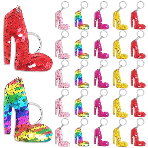 CiciBear 25 Pack Highheel Sequin Keychains for Girl Party Favors, Women Themed Party Favors, Engagement, Girls Makeup Party, High Heel Shoe Party, Bachelor, Celebrations, 5 Colors
