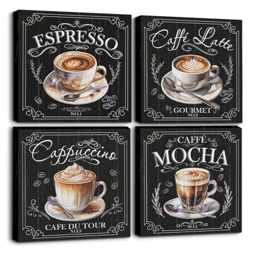 4 PCs Coffee Wall Decor Canvas Wall Art Framed Art Coffee Bar Decor Posters, Gifts for Coffee Lovers, Coffee Bar Sign, Artwork for Walls Coffee Station Dining Room Kitchen Home Office Decor