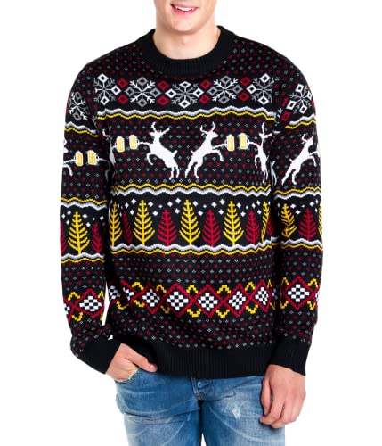 Tipsy Elves Men's Ugly Christmas Sweaters - Funny Christmas Sweaters for Men - Fun Holiday Pullovers - Men's Hilarious Black Deer with Beer Fair Isle Ugly Christmas Sweater Size XL