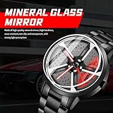 BOYADKA Car Watches for Men, Spinning Car Wheel Watch with Japanese Quartz Movement, Stainless Steel Waterproof Wrist Watch with Car Rim Hub Racing Design for Car Enthusiast