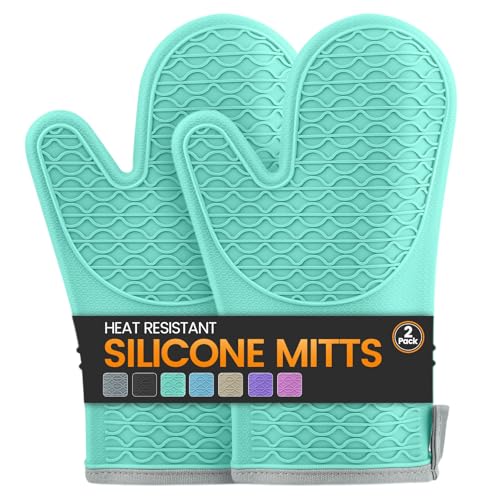 Silicone Oven Mitts, Heat Resistant 2PCS Oven Mitts with Soft Cotton Lining, Waterproof Non-Slip Grip Oven Glove, Kitchen Potholder Mits for BBQ, Baking, Cooking, 12.5 Inch - Green