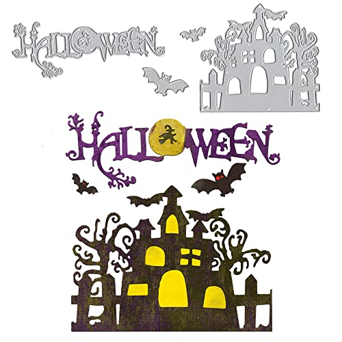 ALIBBON 2Pcs Halloween Die Cuts for Card Making and Scrapbooking, Halloween Castle Cutting Dies Metal Template Molds, Bat Tree Halloween Die Cuts for DIY Photo Album Paper Embossing Card Decoration