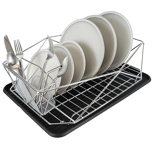 Kitchen Details Geode Deluxe Dish Drying Rack with Drain Board | Cutlery Basket | Utensil Holder | Iron Frame | Chrome