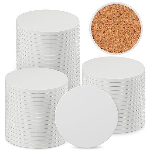 50 Pieces 4 Inch Round Blank Ceramic Coasters, Unglazed Ceramic Tiles Coasters, Ceramic Tiles with Cork Backing Pads for Painting, DIY Crafts, Mosaics, Circular, White.by GNIEMCKIN.
