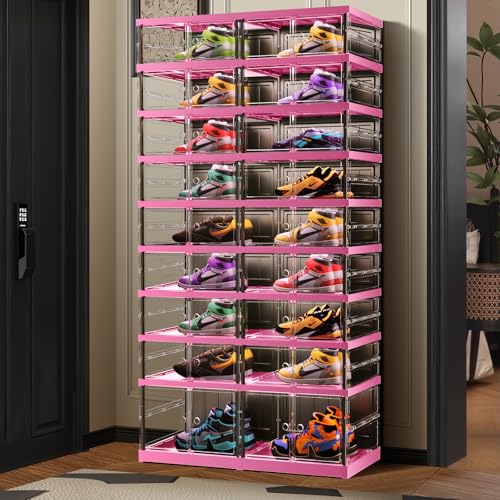 CIMLORD 9-Tier Foldable Shoe Rack for Closet Entryway 18-36Pairs, Stackable Clear Shoe Storage Boxes Organizer With Door Plastic Shoe Cabinet Bins with Lids Shoes Shelf Easy Assembly Large（Black-pink）