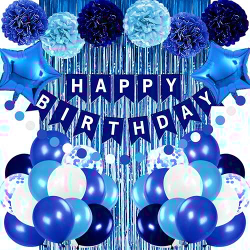 Iysoll Blue Birthday Party Decorations for Boys Men Happy Birthday Banner Balloons Navy Royal Light Blue Pom Poms Foil Curtain Décor Party Decorations for Baby Boy
