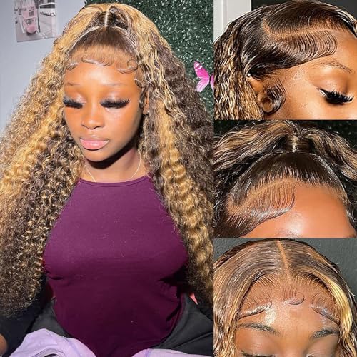 Yeeaak 13x6 Highlight Ombre HD Lace Front Wig Human Hair 4/27 13x6 Deep Wave Lace Frontal Wig for Women 180% Denstiy Virgin Human Hair Honey Blonde Glueless Curly Wig Pre Plucked 22inch
