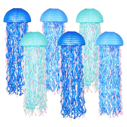 OBXT 10" Blue Hanging Jellyfish Paper Lanterns - Under The Sea Party & Mermaid Birthday Decorations, Baby Shower, Nautical Events, Ocean Theme Classroom & Beach Room Decor (Set of 6)