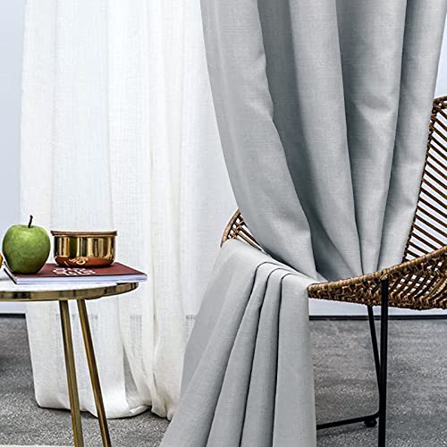 always4u 100% Blackout Linen Look Curtains for Bedroom Living Room Burlap Thermal Insulated Drapes Faux Linen Casual TextuClould Silver Window Treatment 2 Panels Clould Silver 45 * 95