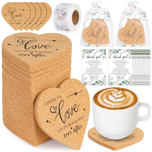 100 Set Wedding Favors for Guest Heart Cork Coasters Gifts Bulk Heart Shaped Coasters 100 Thank You Cards Organza Bags 1 Roll Thank You Stickers Guest Souvenirs for Wedding Party Bridal Favors (100)