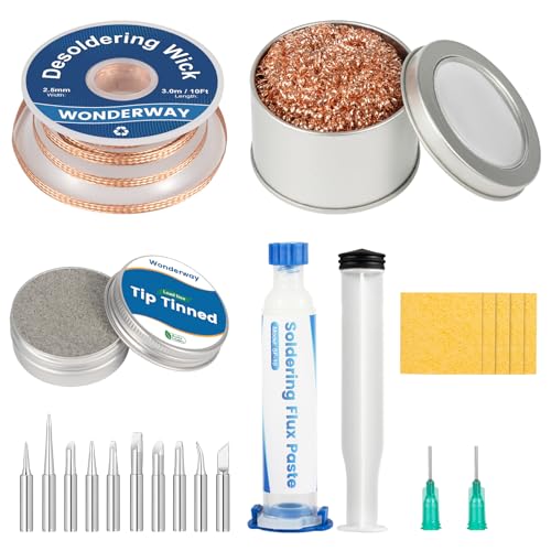 Tip Cleaning Kit, Solder Wick, Solder Iron Tip, Brass Cleaning Wire,Soldering Tip Cleaner, Cleaning Sponge & Solder Flux, Supplied By Wonderway (SWK-001)