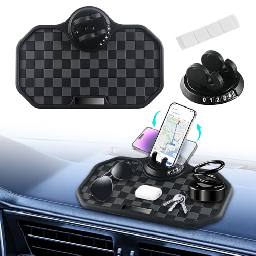 NHHEO Car Anti Slip Mat Dashboard Tray Decorations Sticky Pad Multi Functional Thickened and Widened Washable with 360° Rotating Universal Phone Pad Holder+Number Plate(Black&Gray)