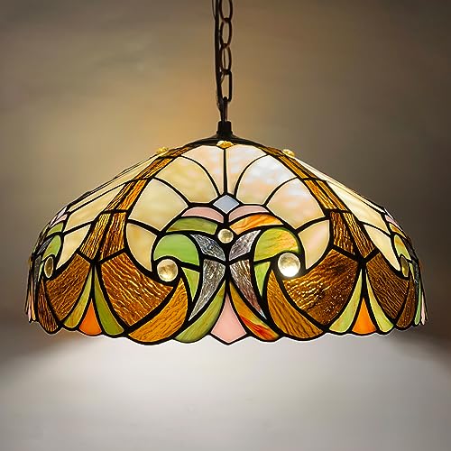 COTOSS Tiffany Pendant Light fixtures 16" Wide Stained Glass Pendant Lighting Vintage Style 2 Lights Hanging Lamp for Kitchen Dining Room Bedroom