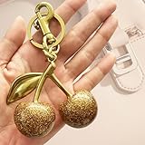 Jueqiba Cherry Bag Charm Purse Charms Keychain, Cherry Purse Charm Made of Metal Hardware and Glittering Resin, Car Cherry Accessories keychian Gifts for Women Valentine Bag Gifts(Gold)