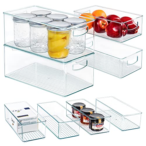 Hudgan 8 PACK Stackable Pantry Organizer Bins (3 sizes) - Clear Fridge Organizers for Kitchen, Freezer, Countertops, Cabinets - Plastic Food Storage Container with Handles for Home and Office