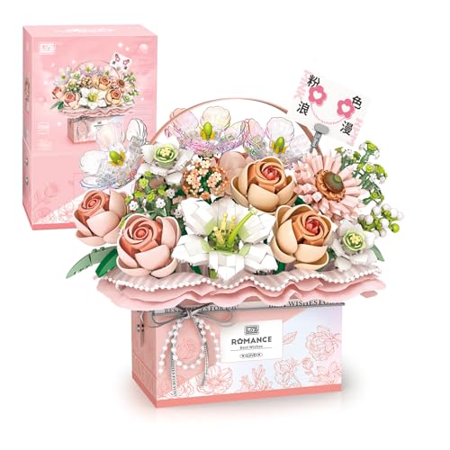 MEIEST Flower Bouquet Building Blocks Model Set,Simulation Artificial Rose Handheld Gift Box,Bonsai Plant Building Bricks Toys,Home Decor (Fantasy Pink)