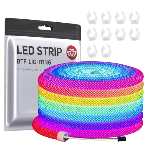 BTF-LIGHTING 16.4FT WS2811 WS2812B IC RGB 360 Degree Round Reticulate Pattern Chasing Color Neon LED Strip Flexible Nylon Silicone IP67 Waterproof Dream Color Rope Light DC5V(No Adapter or Controller)