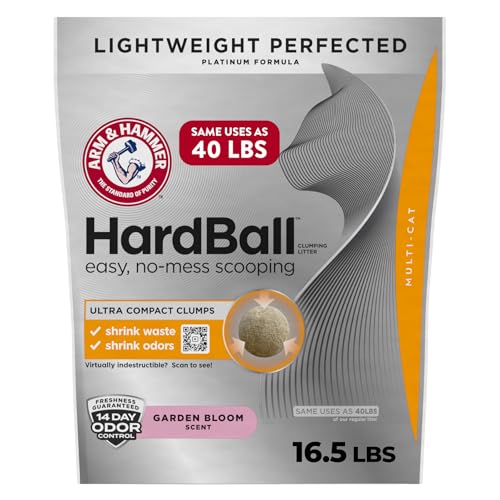 ARM & HAMMER Hardball Lightweight Platinum Multi-Cat Clumping Cat Litter Odor Control, Easy No-Mess Scooping, Garden Bloom Scent, 16.5 Lbs.