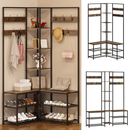 GiftGo Corner Hall Tree with Shoe Rack Storage Bench Display Open Shelves Modern Industrial Entryway Coat Rack Stand for Home Living Room Mudroom Bedroom Multifunctional 5 in 1 (Rustic Brown)