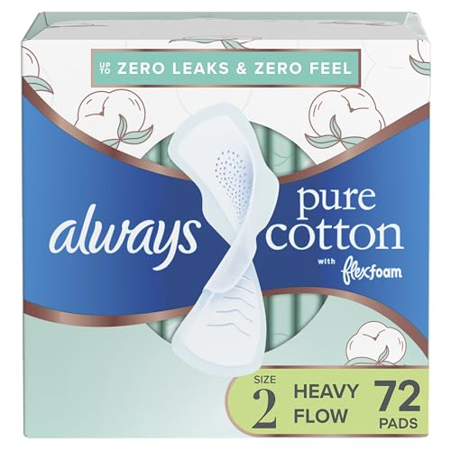 Pure Cotton, Feminine Pads for Women, Size 2 Heavy Flow Absorbency, Multipack, with Flexfoam, with Wings, Unscented, 24 Count x 3 Packs (72 Count Total)