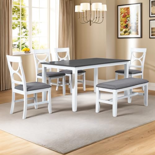 LUMISOL Farmhouse 6-Piece Dining Table Set with Bench, Solid Wood Kitchen Room Table Set with Cross Back Chairs and Padded Bench, GrayWash+White