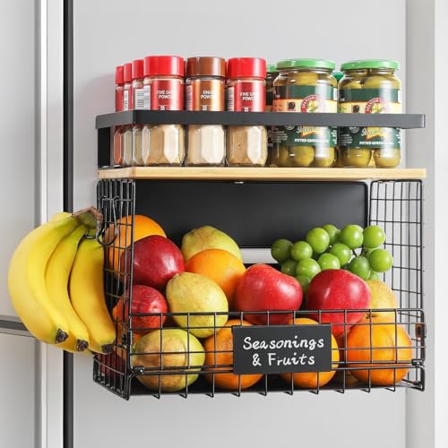 1 SET Strong Magnetic Shelf for Fridge with Tag & Bamboo Top, XXL Large Capacity Magnetic Spice Rack Shelves for Side of Refrigerator, Kitchen Pantry Storage Organizer, Multiuse Food Fruit Veg Baskets