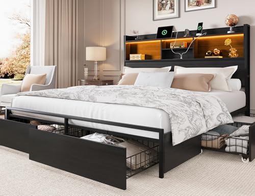 LARMACE Queen Size Bed Frame with 6 Storage Drawers and Headboard Wooden Platform Bed Frame with LED Lights and Charging Station Easy Assembly/No Box Spring Needed/Black