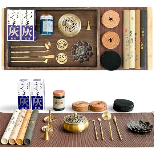 GAIORD 29 Pcs Brass Powder Incense Burner Kit, Incense Making Kit, Incense Powder with Incense Stick Holder(Stick/Cone/Coil Incense) Ash Catcher Tray As Gift for Yoga and Meditation