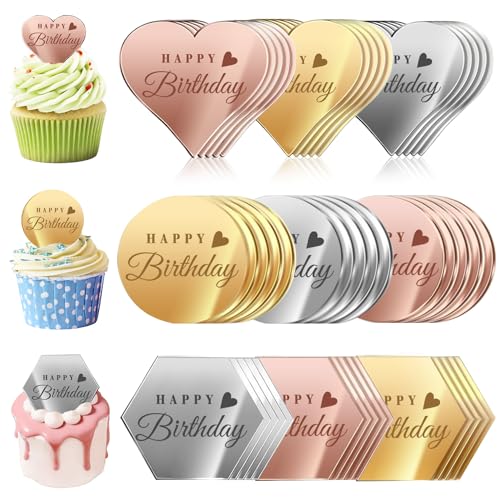 45PCS Happy Birthday Cake Toppers, Mirror Acrylic Cupcake Toppers 3 Multi-shape & 3 Different Color Custom Cupcake Picks for Birthday Party Anniversary Pastries Decorations