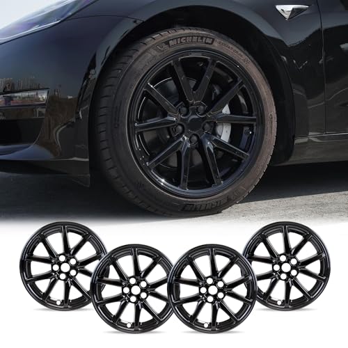 Mayde 18-Inch Hub Caps fits 2017-2022 Tesla Model 3, Replacement Wheel Covers (Set of 4,) (Gloss Black)