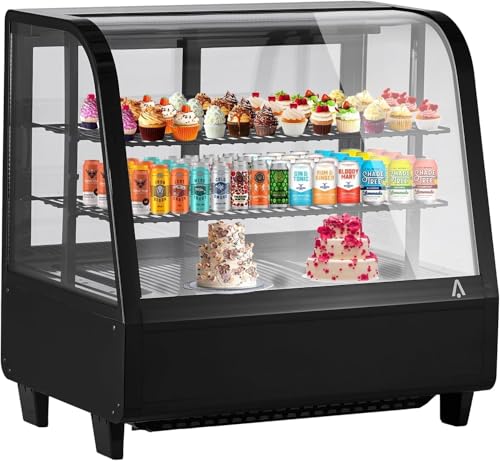 Refrigerated Display Case,3.5 Cu.Ft./100L Commercial Display Refrigerator,2 Adjustable Shelves, Countertop Pastry Display Case Commercial Display Refrigerator with LED Lighting,Rear Sliding Door