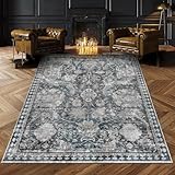 RUGSURE Washable Area Rugs - Perfect for Living Room, Bedroom, Kids Room, Nursery - Stain & Water Resistant Non-Slip, Pet & Child Friendly, Vintage Tribal Area Rugs (Grey and Bule, 9' x 12')