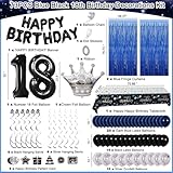 18th Birthday Decorations for Boys, 73PCS Blue Black Happy 18th Birthday Decorations for Girls, 18 Years Old Birthday Balloons Banner,Tablecloth, Fringe Curtains Hanging Swirls 18 Bday Decor for Men