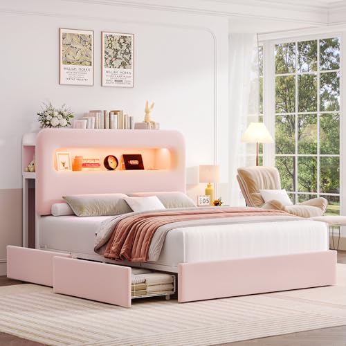 HOSTACK Full LED Bed Frame with Storage Headboard and Charging Station, Girls Bed Frame with 4 Drawers and USB Ports, Velvet Upholstered Platform Bed Frame with Bookcase, No Box Spring Needed, Pink