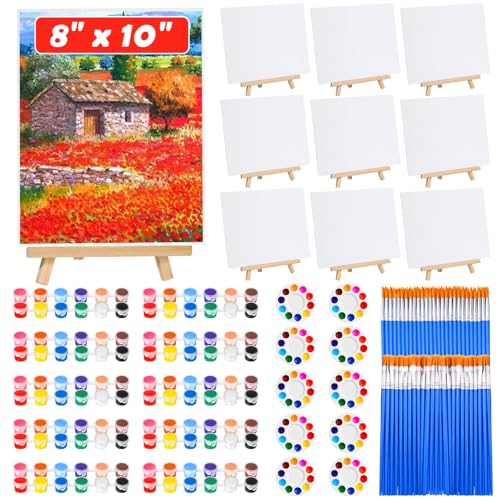 10Pack 8x10 Inch Canvas and Easel Set, Art Canvas Bulk with Easel Stand, 12 Colors Mini Acrylic Paint Set, Small Paint Brushes, Paint Trays, Canvas Painting Kit for Adults Kids Couples Paint Party