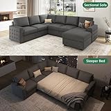 HONBAY Sectional Sleeper Sofa with Pull Out Bed U-Shape Sectional Couch Sleeper Bed with Storage Chaise 6 Seater Sleeper Sectional Sofa Bed, Light Grey