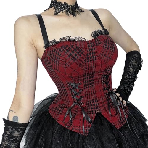 Goth Red Plaid Shirt Women Gohtic Crop Tank Top Black Emo Lace Cami Corset E Girl Punk Shirts Tops for Women