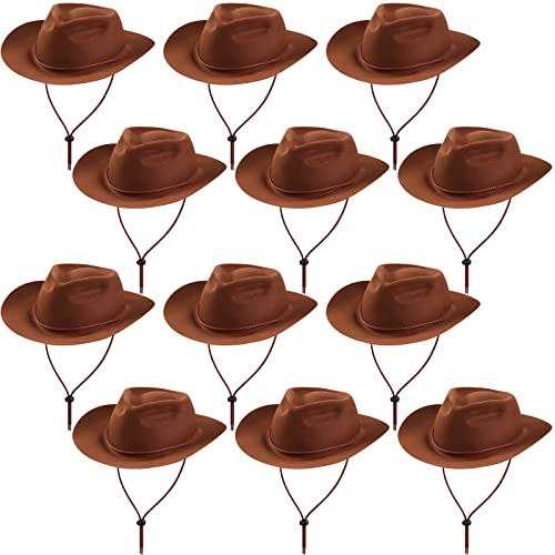 Hicarer 12 Pieces Western Cowboy Hat Set Plastic Felt Wide Brimmed Felt Cowgirl Party Hat for Men Women Costume Party(Brown)