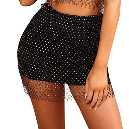 FlyCC Women Rhinestone Glitter Mesh See Through Hollow Out Beach Bikni Swimsuit Cover Up Mini Skirt Black