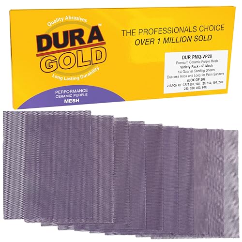 Dura-Gold Premium 1/4 Sheet Size Purple Ceramic Mesh Sandpaper, 20 Sheet Variety Pack, Grits 80, 100, 120, 150, 180, 220, 240, 320, 400, 600 - Dustless Hook & Loop Backing, Palm Sanders, Sanding Block