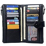 Bveyzi Women Soft Leather RFID Blocking Bifold Slim Wallets Ladies Credit Card Holder Double Zipper Pocket(Black)