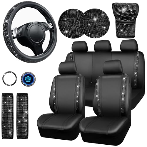 CAR PASS Leather Diamond Bling Seat Covers Full Sets 16 pcs, Bling Car Accessories Set for Women, Sparkly Rhinestone Steering Wheel Cover, Glitter Cute Car Interior Sets for Women Girl, Black Diamond