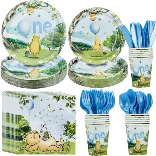 HIPEEWO Winnie 1st Birthday Decorations Tableware For Boy - Winnie Bear First Birthday Party Supplies, Plate, Napkin, Cup, Cutlery, Winnie Bear Party Decorations For One-Year-Old Birthday | Serve 24