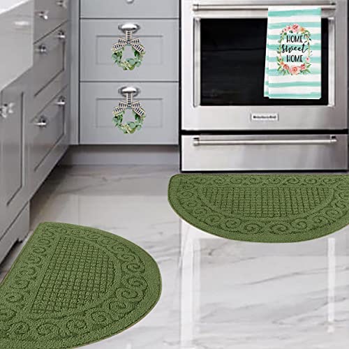 Green Kitchen Rugs for Floor 2 Piece 18”X30”, Non Skid Washable Kitchen Mats, Absorbent Standing Rug, Throw Rug,Half Circle Carpet for Spring Kitchen Decoration